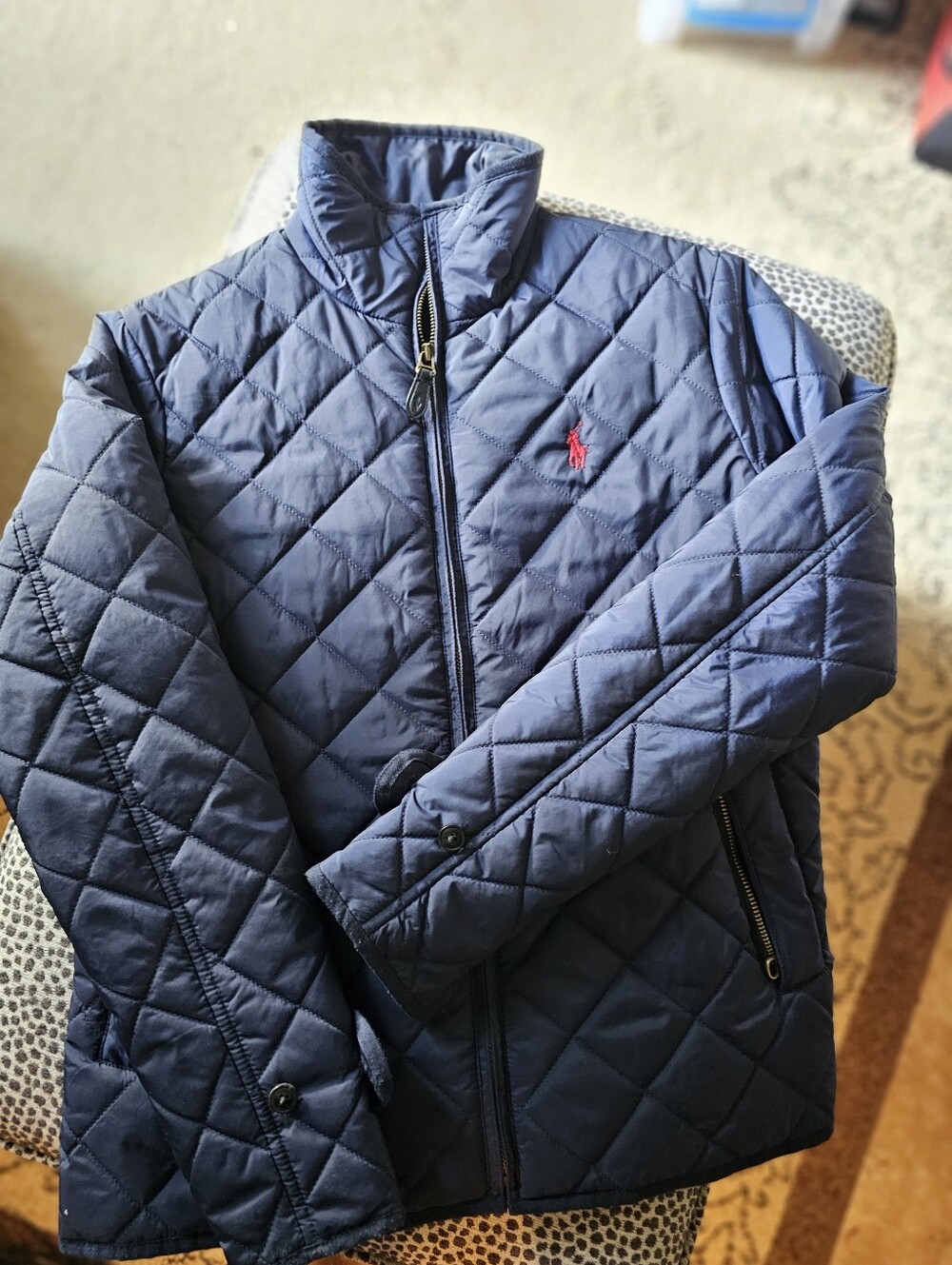Ladies Ralph Lauren Navy Quilted Puffer Jacket with Red Polo Emblem